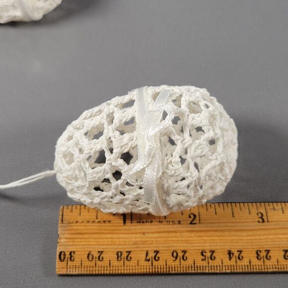 Set of 2 Eggs White Handmade Crochet Hanging Lace Ornaments with Ribbon Bows - Picture 9 of 10
